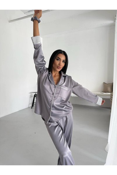 Pijamaya Satin Premium Fabric Buttoned Long Pajama Set Gray (with Buckle Gift)