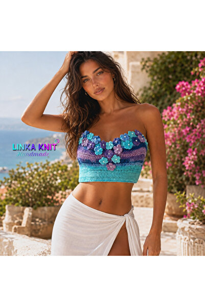 Linka Knit Tığ İşi Çiçek Aplikeli Bustiyer&Bikini Üstü,Yazlık Deniz Kızı Renk...
