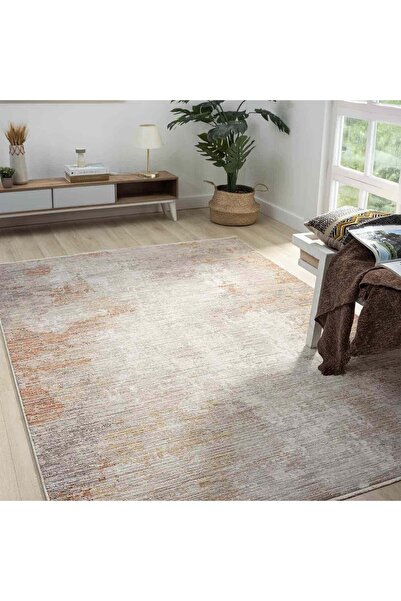 Pera Halı Açık Gri Bej Turuncu Eskitme Desenli Halı - DK10206TP