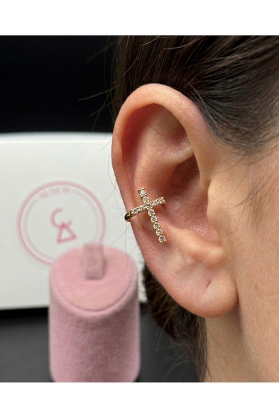 Alsem 925 Ayar Gümüş Kaplama Zirkon Taşlı Haç Figürlü Earcuff Küpe , Haç Deta...