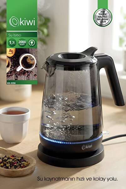 Kiwi KK-3350 Cam Su Isıtıcı | 2000W & 1.7 L Borosilikat Cam & LED Işıklı & 36...