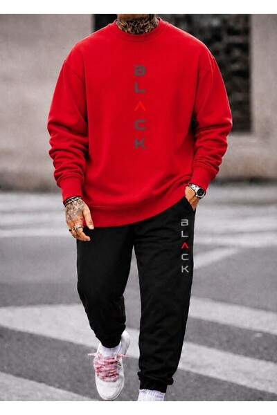 FAEL LİFE Unisex Wide Cut Zero Neck and Sweatpants Set with Black Print
