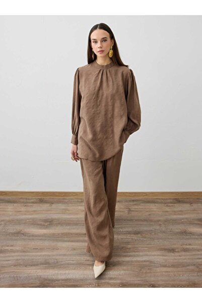 Refka Modal Fabric Classic Tunic & Trousers Two-Piece Set - Mink - - Exclusive