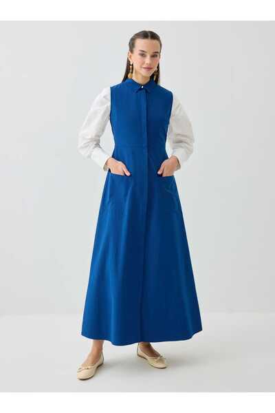 Benin Pocket Detailed Buttoned Sleeveless Hijab Dress - Navy Blue -