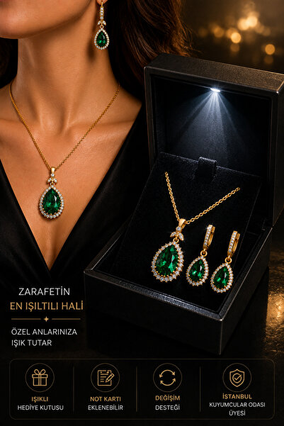 Crystal Diamond Zirconia Işıklı kutuda 4 karat yeşil damla taşlı kolye ve küpe