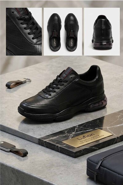 Lufian Men's Black Leather Sports Shoes - Comfort Sole Casual Men's Sneakers