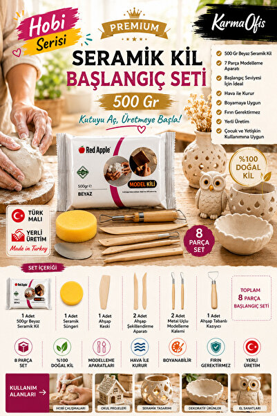 KarmaOfis Premium Seramik Kil Hobi Seti 500 Gr Model Kili Şekillendirme Apara...
