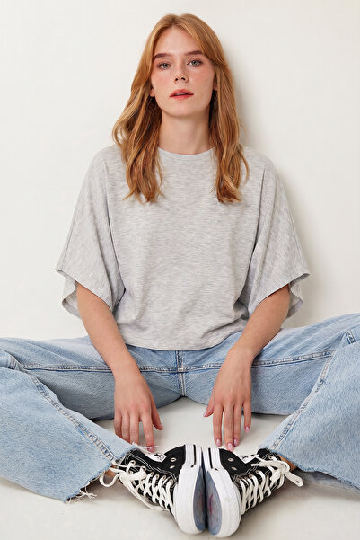 Lovelyİstanbul Yarasa Kollu Basic Örme Bluz LUB0369 GRİ MELANJ