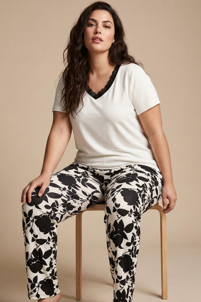 Siyah İnci Ecru Patterned Large Size Oversized Viscose Knitted Pajama Set