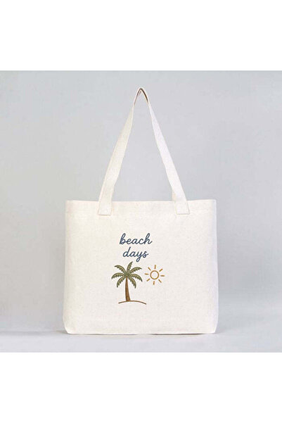 Beach Days Nakışlı Plaj Günleri Yaz Tatili Ham Kanvas Modern Omuz Çantası 45x35x8 cm