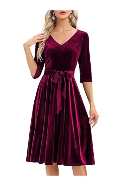 Bbonlinedress Women Long Sleeve Velvet Vintage Tea Dress Formal Cocktail