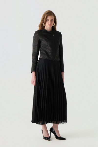 Zühre Asymmetrical Zippered Lace Textured Pleated Black Suit 1780