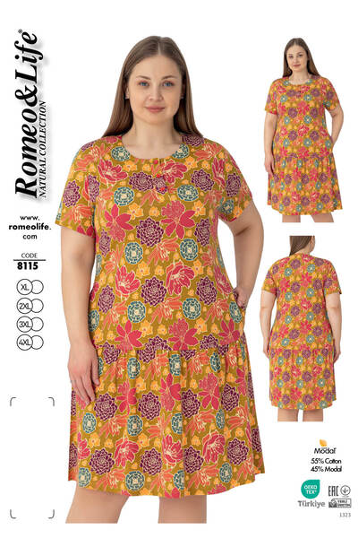 ROMEO LİFE Women's Plus Size Cotton Modal Fabric Patterned Buttoned Dress 8115