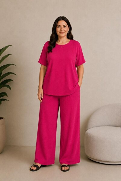 Seamoda Large Size Slit and Pocketed Wrinkled Fabric Comfortable Double Suit-...