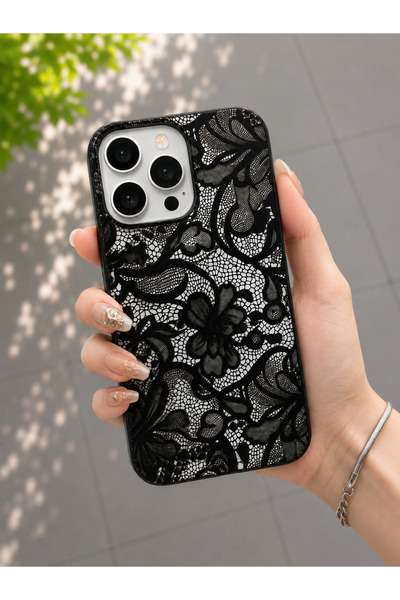 OVADA İphone 16 Pro Uyumlu Siyah Dantel Desenli Telefon Kılıfı