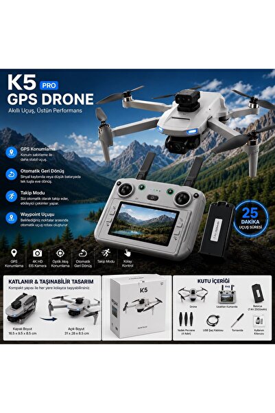 GPS K5 Drone Dahili Ekranlı Kumanda Katlanabilir Drone Uzaktan Kumandalı Hava...