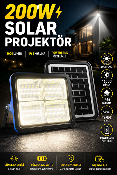 Edison 200W Solar Projektör 4 Modlu 16000 Lümen Powerbank Özellikli IP66 Şarj...