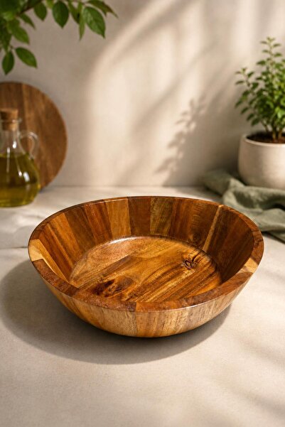 İLİVA 24 cm Acacia Wood Salad Bowl – Modern Bread Bowl, Stylish and Natural P...