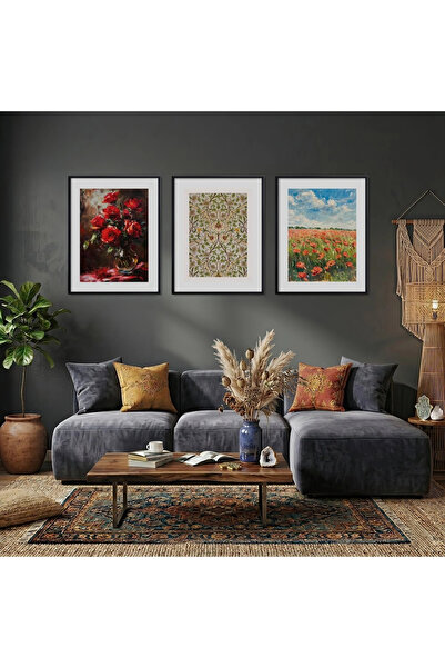 KOLAJTASARIM Artistic Flower Garden Trio Black Framed 3-Piece Wooden Painting...