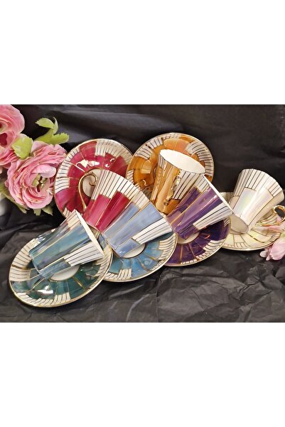 BY.RAYKA PORSELEN El Dekor Basamakdemet Porcelain Hand-Painted 6-Piece Cup Set
