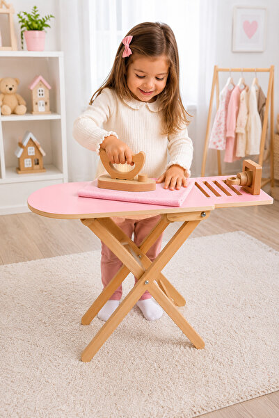 HOBBY HOUSE Oyuncak Ahşap Pembe Ütü Masası Ütü Hediyeli