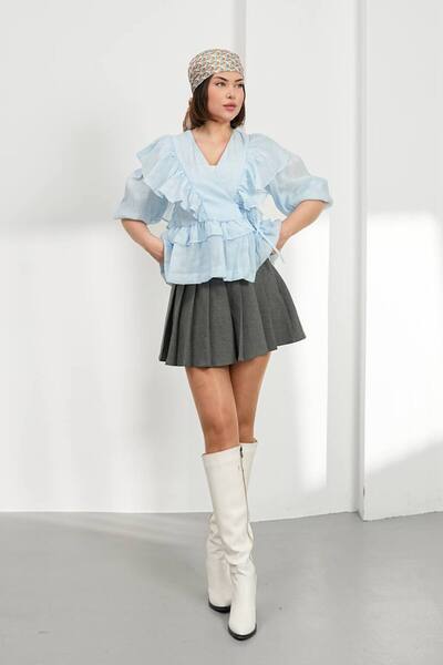 Bleu Petite Ruffled Blouse with Side Tie Detail