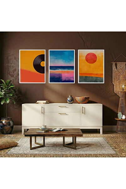 KOLAJTASARIM Ritme retro și apus de soare abstract, set de 3 tablouri din lem...