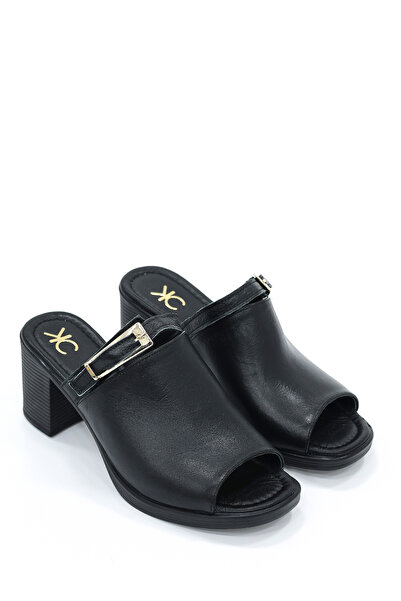 kajal ayakkabı As102 Belt Detailed Thick Heeled Genuine Leather Slippers