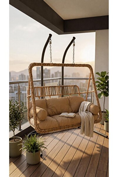 DEMHARİS Çift Kişilik Rattan Bahçe Salıncağı Minderli Balkon ve Teras İçin Dı...