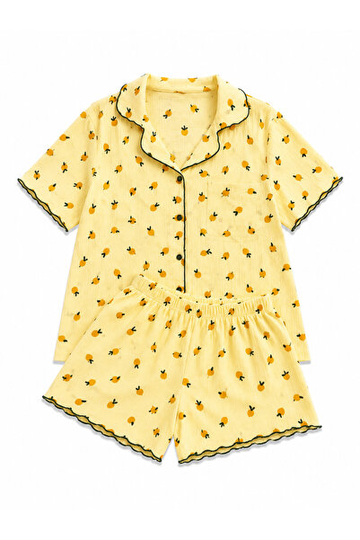 Retrobird Bürümcük Fabric Shorts Pajama Set – Summer Home Wear for Women in Y...