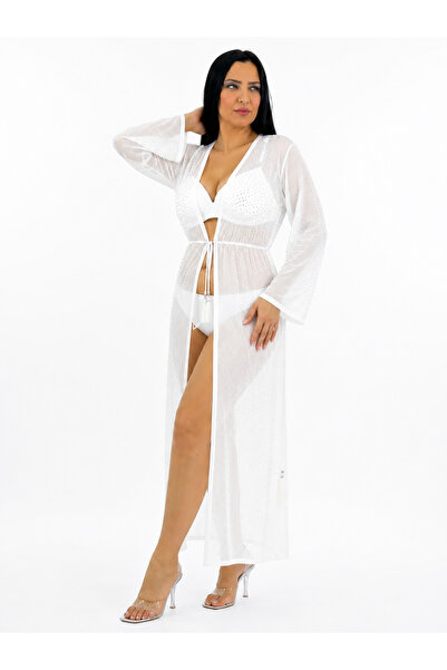 Bonitas Beachwear Plus Size Long Sleeve, Stone Detailed, Side Slit, Tie-Waist...
