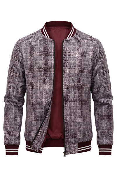 ixir Double-Sided Men's Seasonal Coat with Plaid Detail in Burgundy