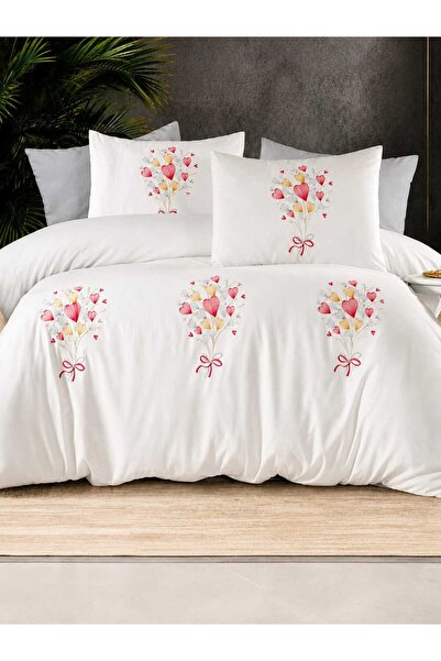 İK TEKSTİL Heart Bouquet Embroidered 6 Piece 100% Cotton Double Duvet Cover Set