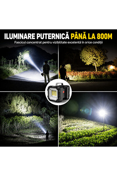 TnsAround Lanterna LED reîncărcabilă 40W, 10000mAh, 1000 Lumeni, Power Bank, 7 moduri de iluminare, Rază de acțiune a fasciculului 300-800m, IPX4