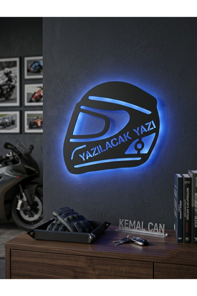 Murat Lazer Kişiye Özel İsimli Motorsiklet Kaskı Tasarım Mavi Led Işıklı Ahşa...
