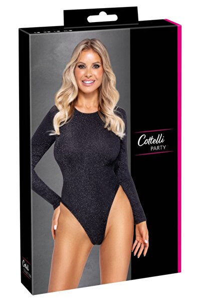 Cottelli Catsuit – PARTY Body Glitter S Schwarz/Silber, S – Black with integr...