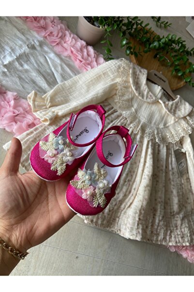 Butik Kız Bebek Simli Çiçek Motifli Patini