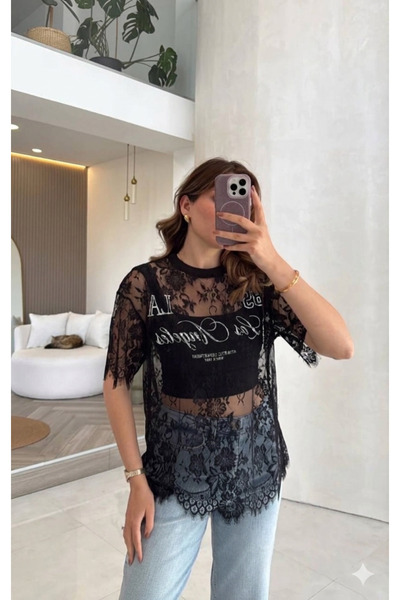 KAVEN Kadın Oversize Dantel Tül Detaylı Baskılı T-Shirt