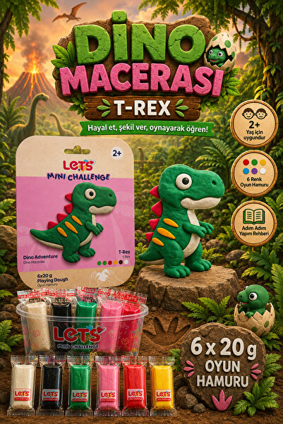 Lets Mini Challenge 5 Renk Dino Macerası T-REX Oyun Hamuru 120g