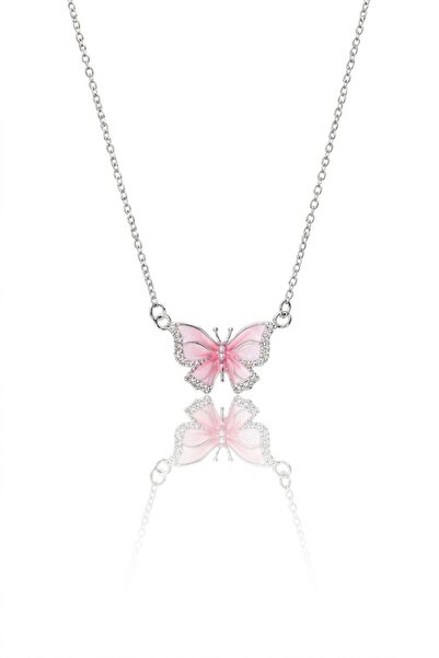 Rafal Pink Butterfly Zircon Chain Necklace for Women - Soft Ombre Silver Plat...