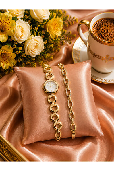 JAMMY JEWERLY Geometrik Kordon Çelik Saat & Zirkon Detaylı Gold Zincir Bilekl...