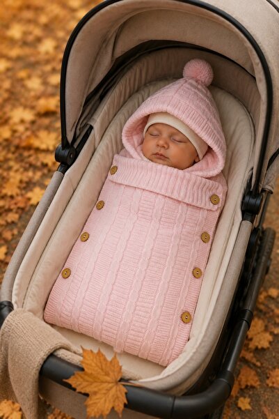 Pure Boutique Sac de dormit bebe roz crosetat imblanit cu gluga pentru caruci...