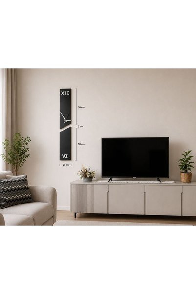 ArliaDesign Modern Dekoratif Duvar Saati 20 x 100 CM / Siyah Beyaz 5 MM MDF / Sessiz Mekanizmalı Salon Ve Ofis Saati