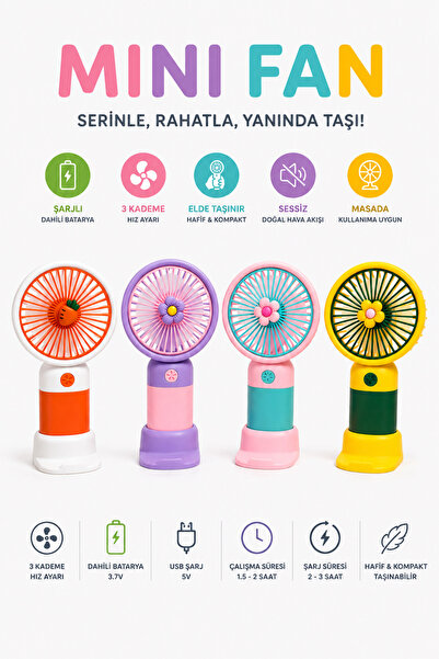 MİNGODAN USB Şarjlı Mini Fan 3 Kademeli Taşınabilir El Fanı Masaüstü Fan Sess...