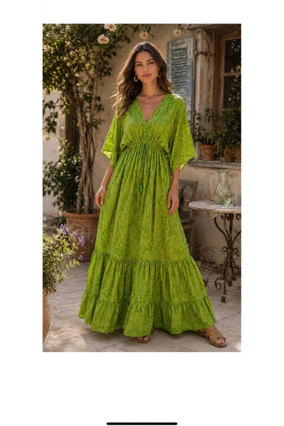 elite aura collectıon "Verdant Boho" Sırt Dekolteli Yeşil Şal Desenli Maxi El...