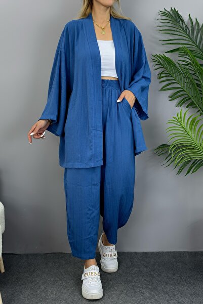 Suziş Gofre Kimono and Shalwar Pants Set Di̇e8001