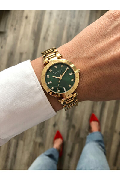 Ferrucci Roma Rakamlı Bezel Yeşil Kadran Taş Detaylı Altın Metal Kordon Kadın...
