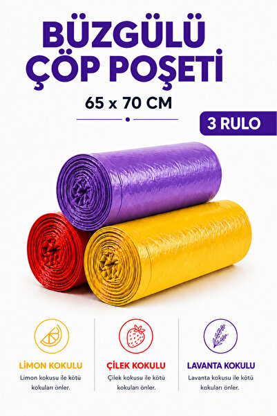 MSE HOLD Büzgülü Çöp Poşeti Çilek Limon Lavanta Kokulu 65×70 cm Büyük Boy 3 R...