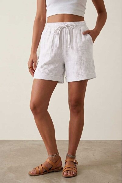 madam trend White Women's 100% Cotton Muslin Fabric Shorts with Elastic Waist...