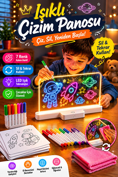 SYN AKSESUAR 20x30 cm LED Işıklı Yazı, Çizim ve Boyama Tahtası – 7 Renk Kalem...